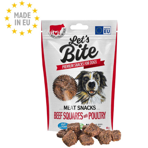 Recompense pentru caini Let's Bite Meat Snacks Bucatele de vita cu pasare 80g